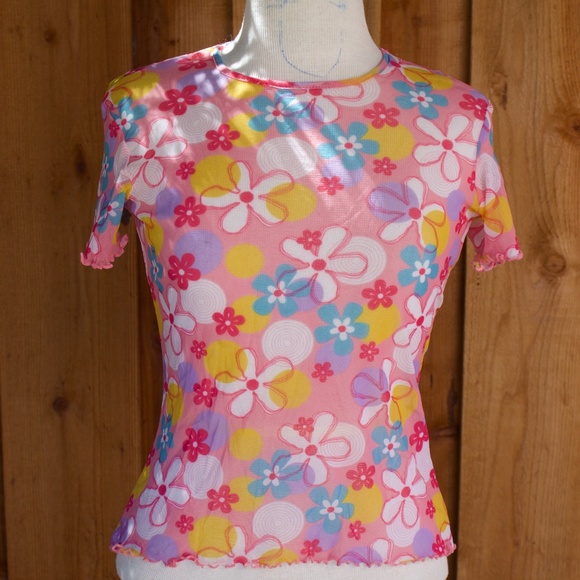 Vintage 90's Sheila Moon Mesh Short Sleeve Flower Power Cycling Top Made In USA - Picture 4 of 14